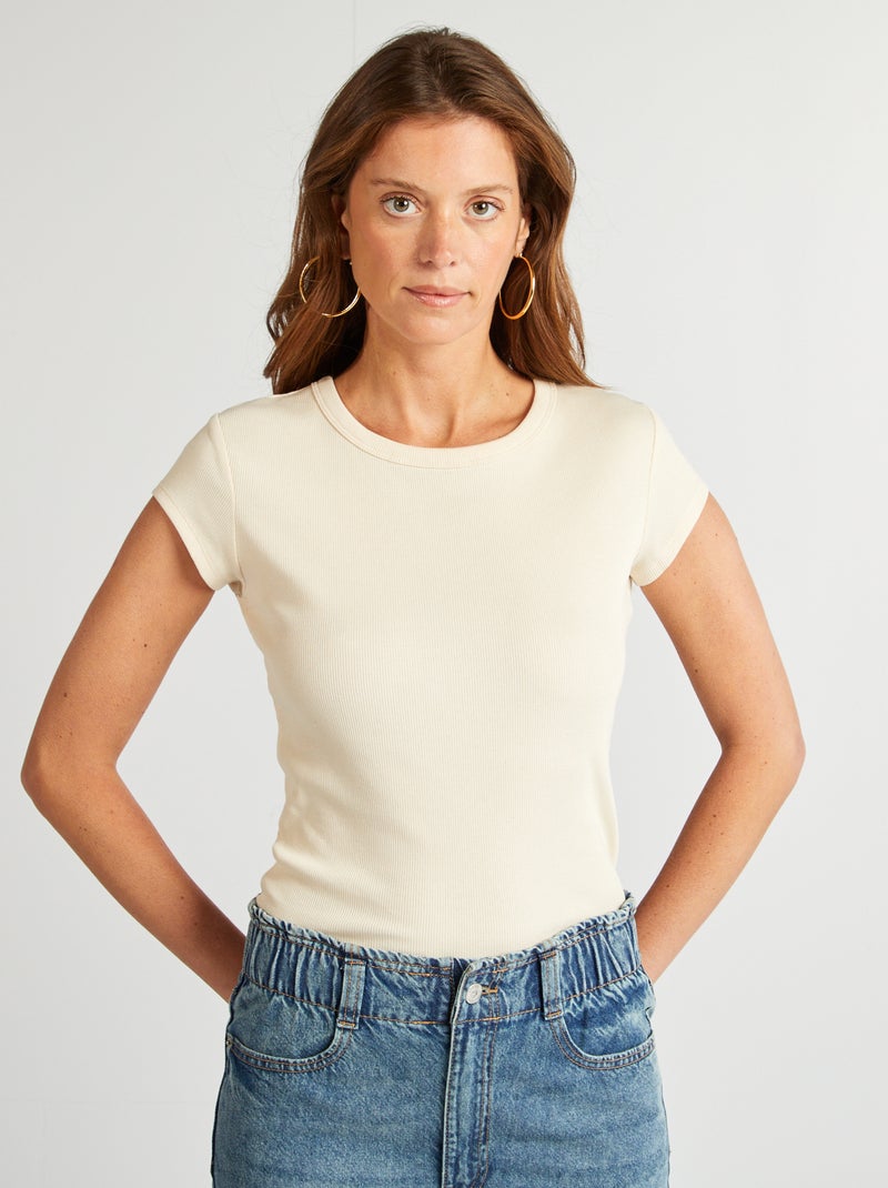 Camiseta de manga corta de punto de canalé BLANCO - Kiabi