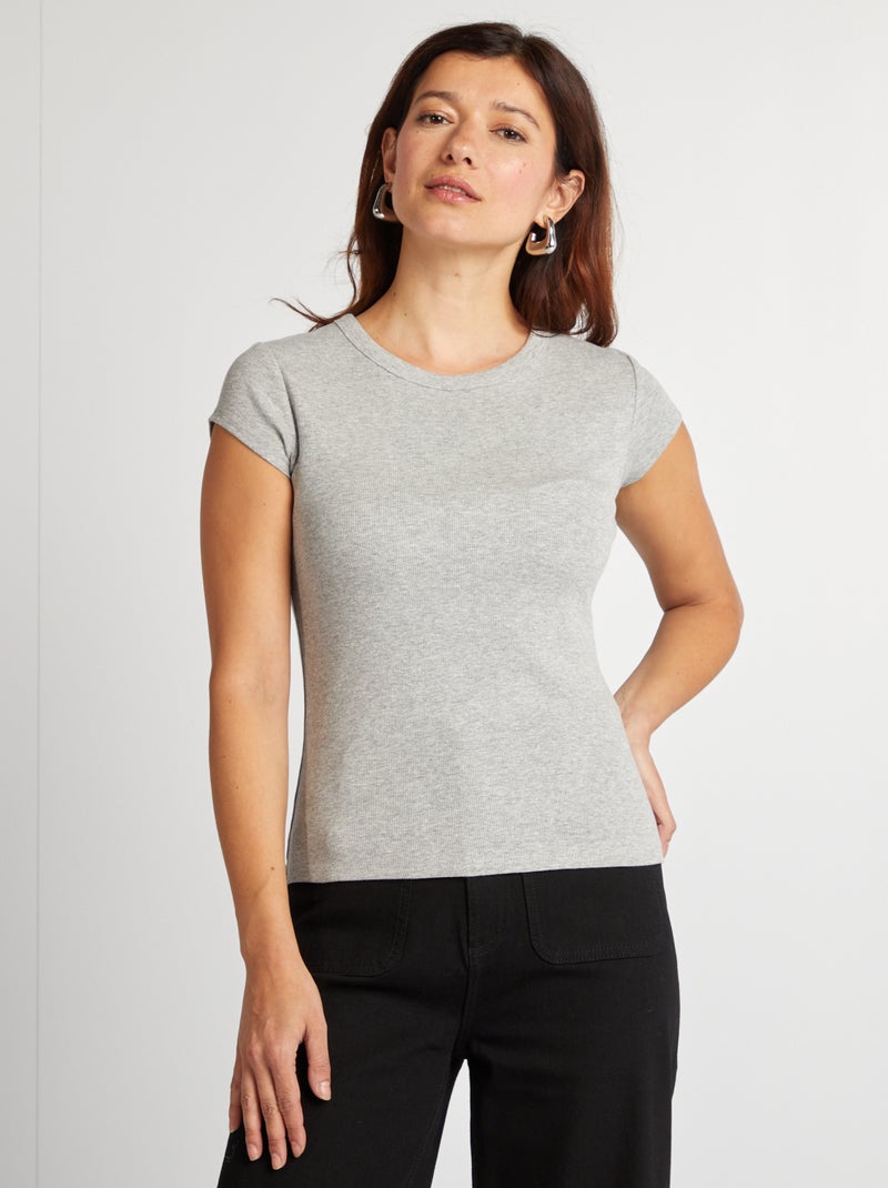 Camiseta de manga corta de punto de canalé GRIS - Kiabi