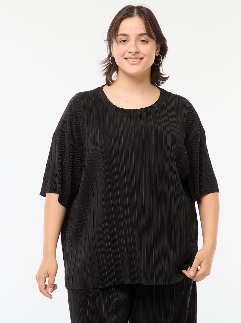 Camiseta de manga corta de tejido plisado Negro - Kiabi