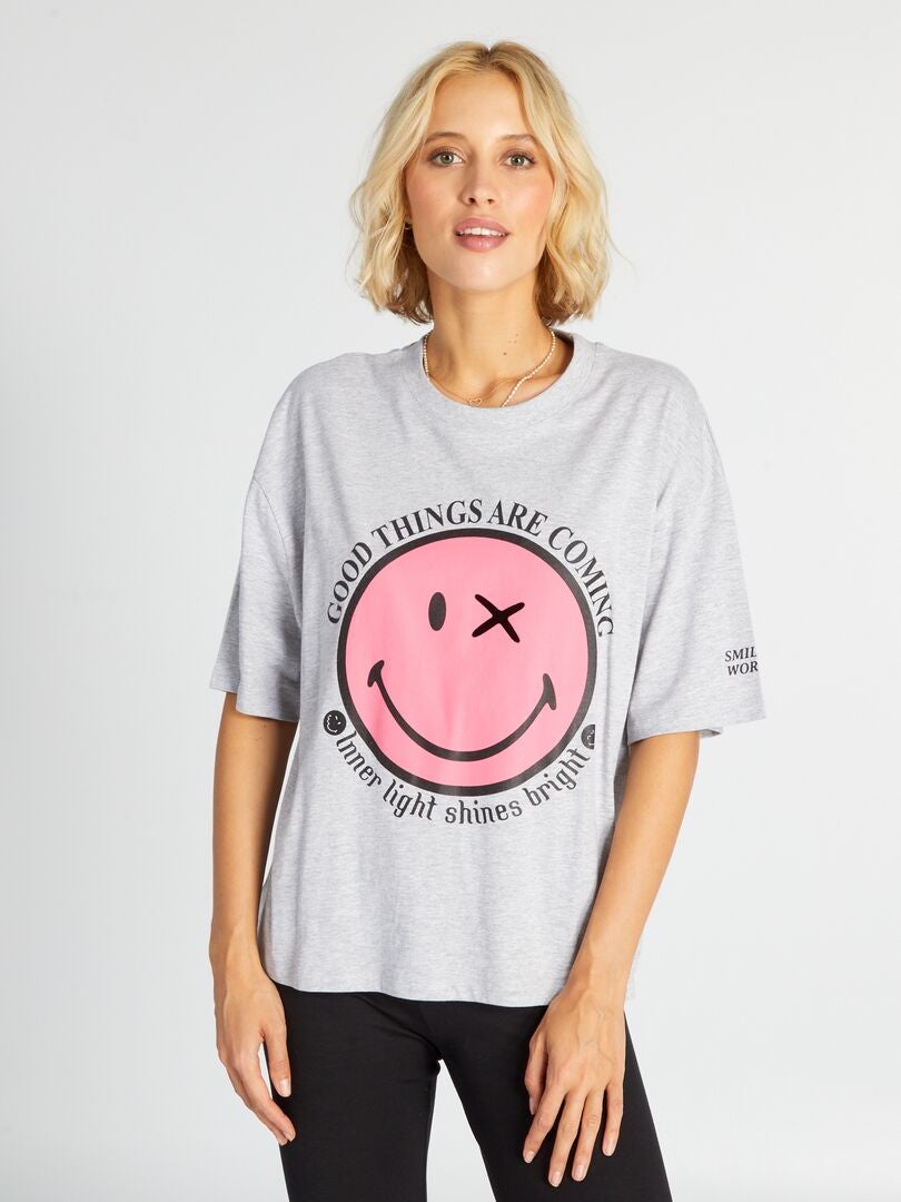 Camiseta de manga corta estampada 'smiley' - GRIS - Kiabi - 13.00€