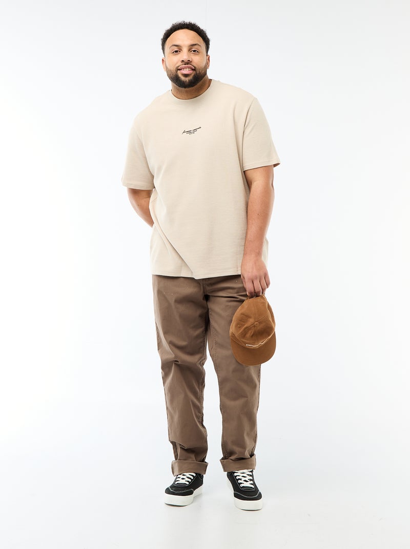 Camiseta de manga corta y cuello redondo en jacquard de algodón Beige - Kiabi