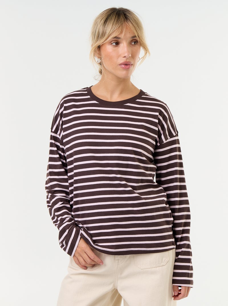 Camiseta de manga larga a rayas Marron - Kiabi