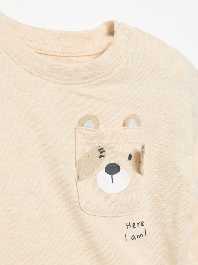 Camiseta de manga larga con bolsillo animado Beige - Kiabi
