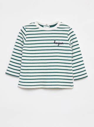 Camiseta de manga larga con 'bonjour' bordado en el pecho