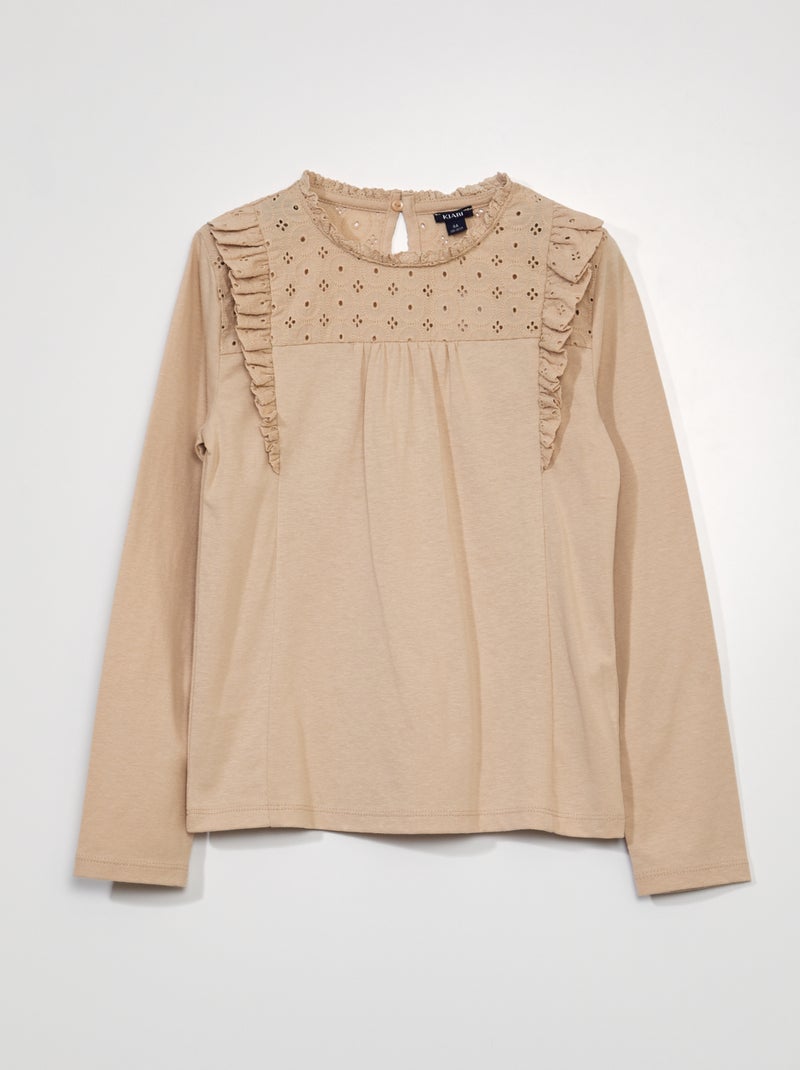 Camiseta de manga larga con bordado inglés BEIGE - Kiabi