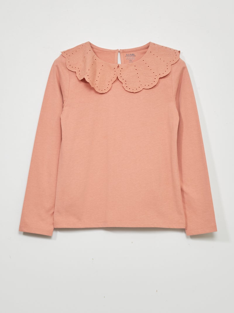 Camiseta de manga larga con bordado inglés rosa - Kiabi