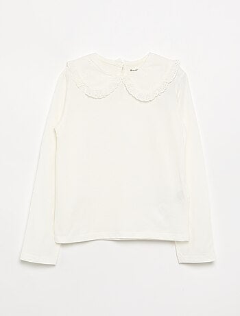 Camiseta de manga larga con cuello de bordado inglés