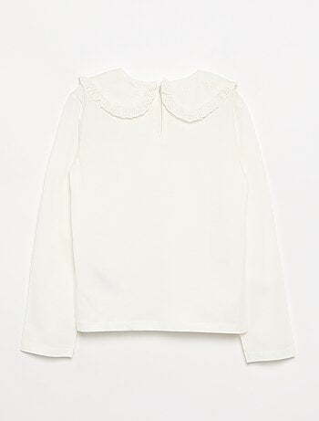 Camiseta de manga larga con cuello de bordado inglés