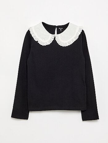 Camiseta de manga larga con cuello de bordado inglés