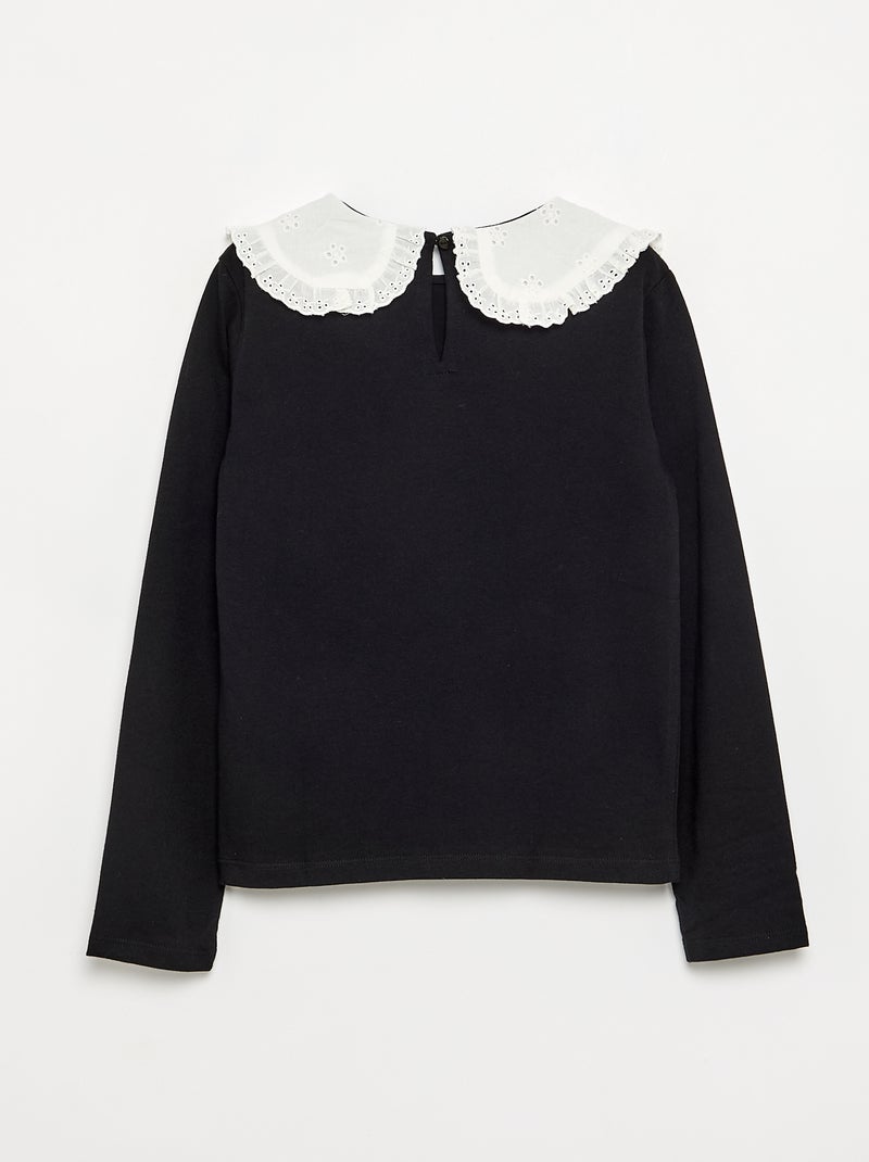 Camiseta de manga larga con cuello de bordado inglés Negro - Kiabi