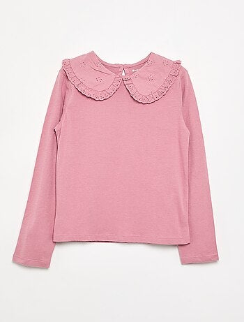Camiseta de manga larga con cuello de bordado inglés