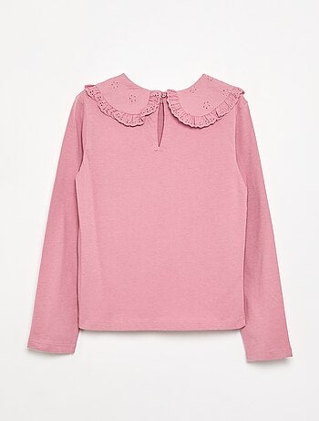 Camiseta de manga larga con cuello de bordado inglés