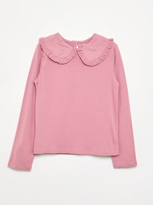 Camiseta de manga larga con cuello de bordado inglés - Kiabi