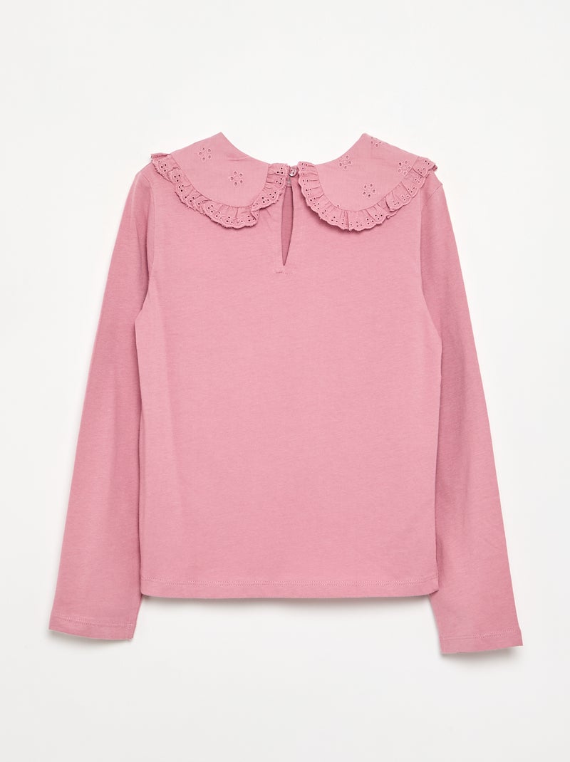 Camiseta de manga larga con cuello de bordado inglés Rosa - Kiabi
