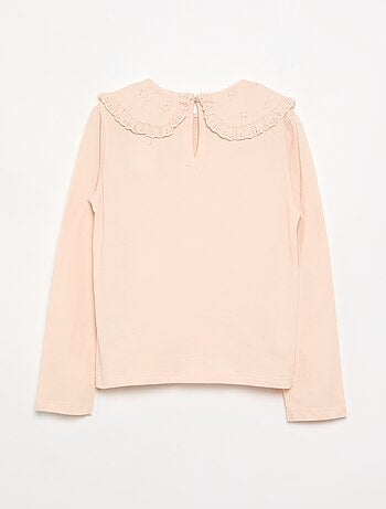 Camiseta de manga larga con cuello de bordado inglés