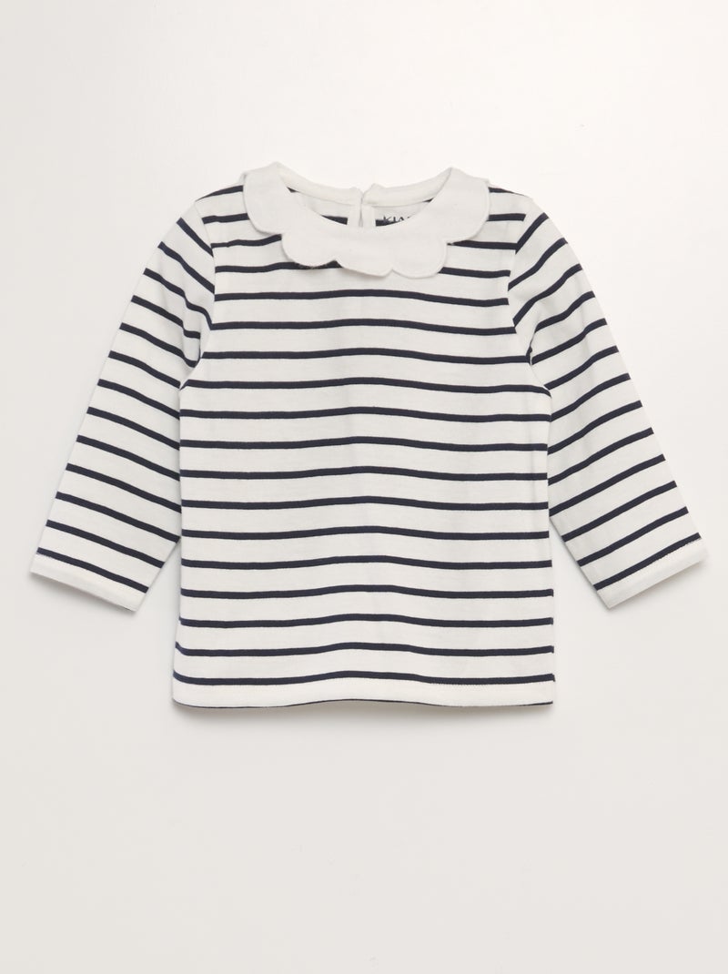Camiseta de manga larga con cuello festoneado BLANCO - Kiabi