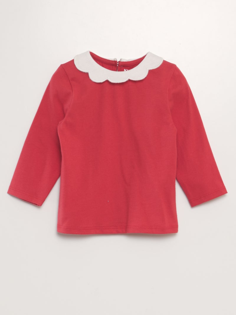 Camiseta de manga larga con cuello festoneado ROJO - Kiabi