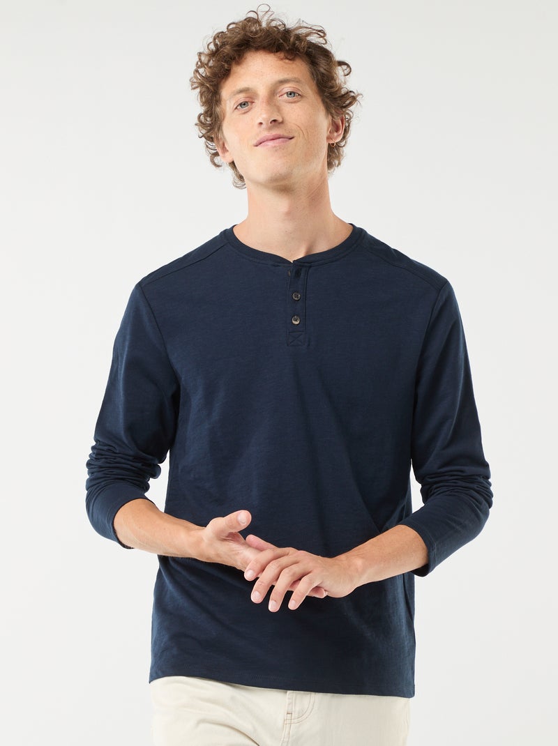 Camiseta de manga larga con cuello panadero azul - Kiabi