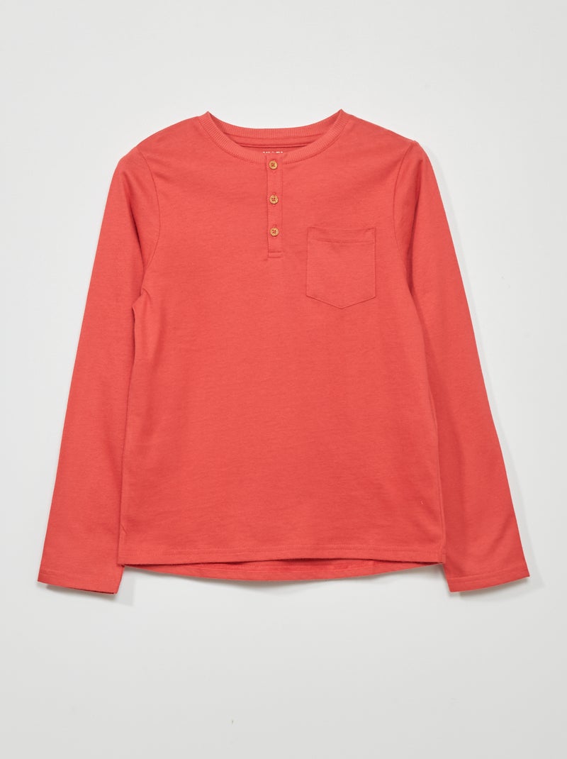 Camiseta de manga larga con cuello panadero rojo frambuesa - Kiabi