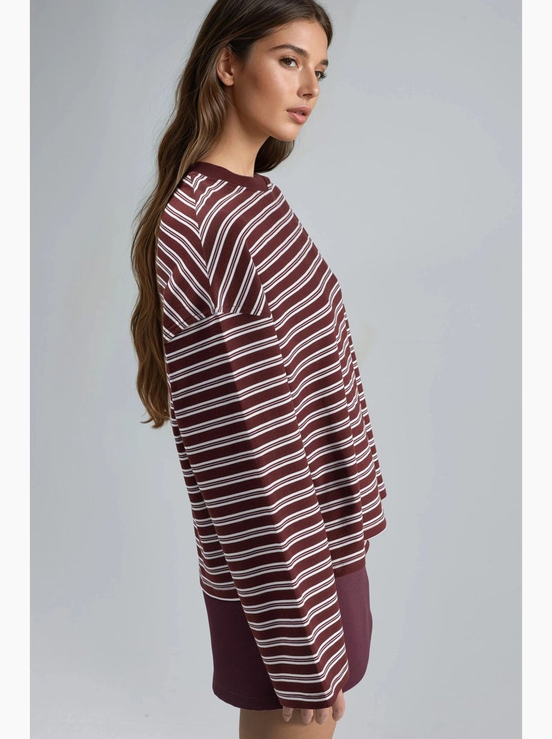 Camiseta de manga larga con cuello redondo a rayas busem Rojo burdeos - Kiabi