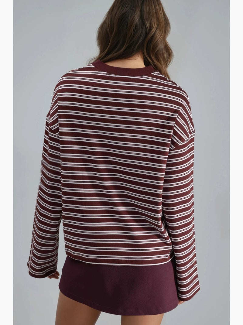 Camiseta de manga larga con cuello redondo a rayas busem Rojo burdeos - Kiabi