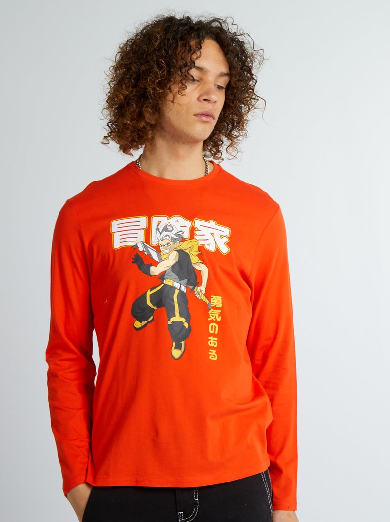 Camiseta de manga larga con cuello redondo NARANJA - Kiabi