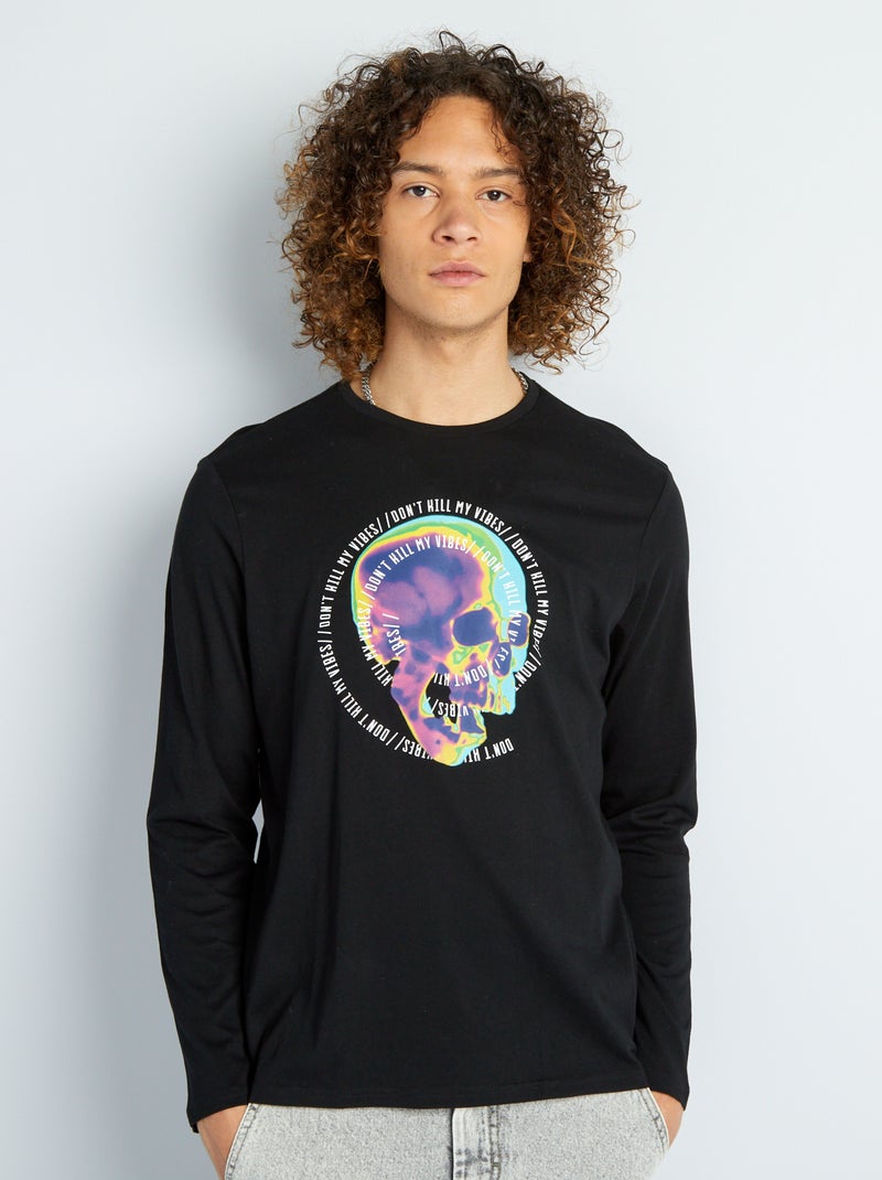 Camiseta de manga larga con cuello redondo NEGRO - Kiabi
