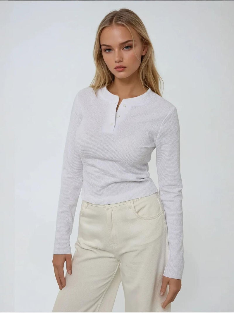 Camiseta de manga larga con cuello redondo y volantes Blanco - Kiabi