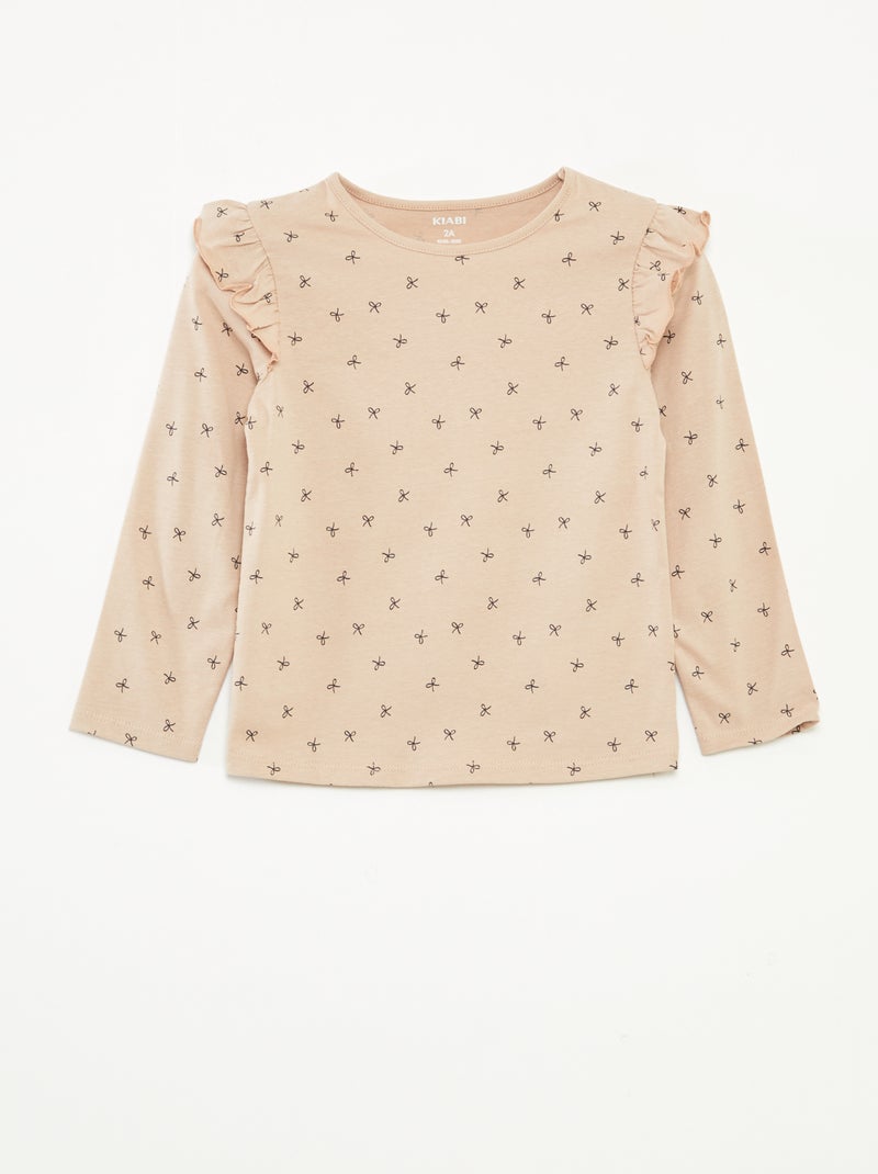 Camiseta de manga larga con motivo y volantes en las sisas Beige - Kiabi