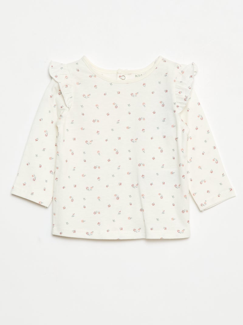 Camiseta de manga larga con motivo y volantes en las sisas Blanco - Kiabi