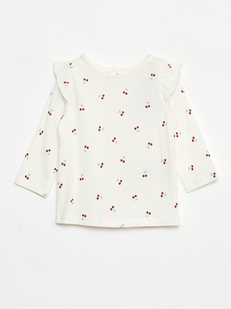 Camiseta de manga larga con motivo y volantes en las sisas Blanco - Kiabi