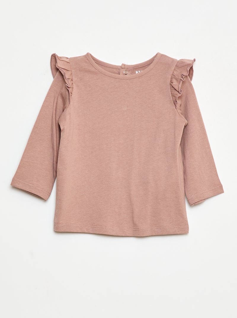 Camiseta de manga larga con motivo y volantes en las sisas Rosa - Kiabi