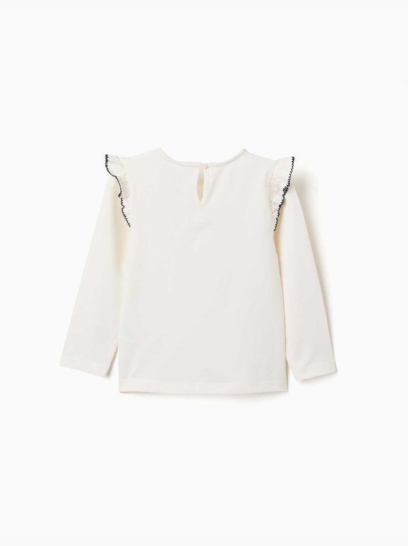 Camiseta de manga larga con volantes y bordado Blanco - Kiabi