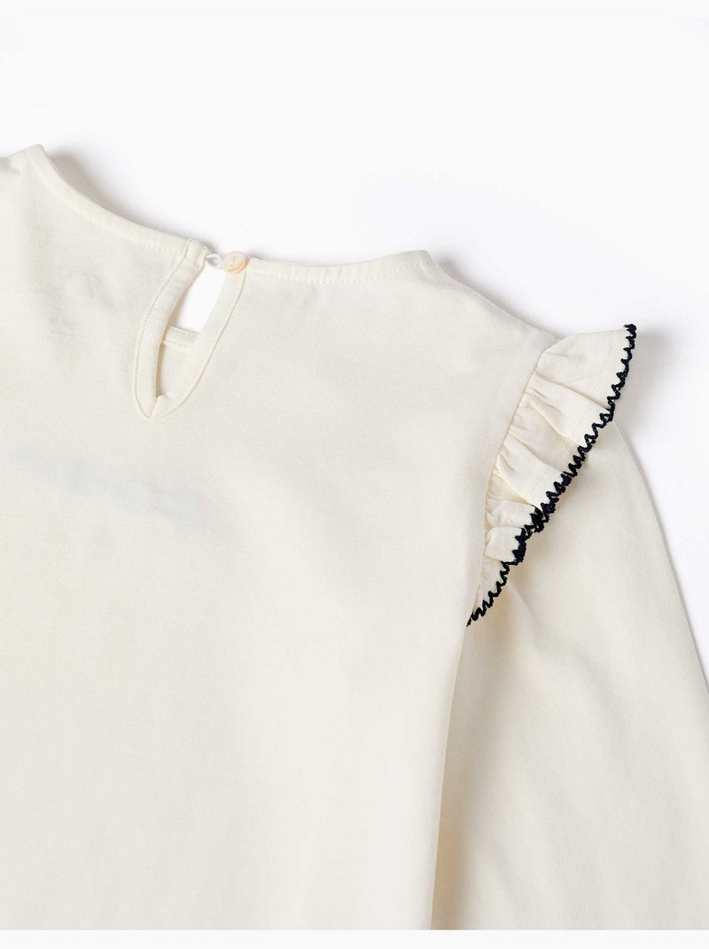 Camiseta de manga larga con volantes y bordado Blanco - Kiabi