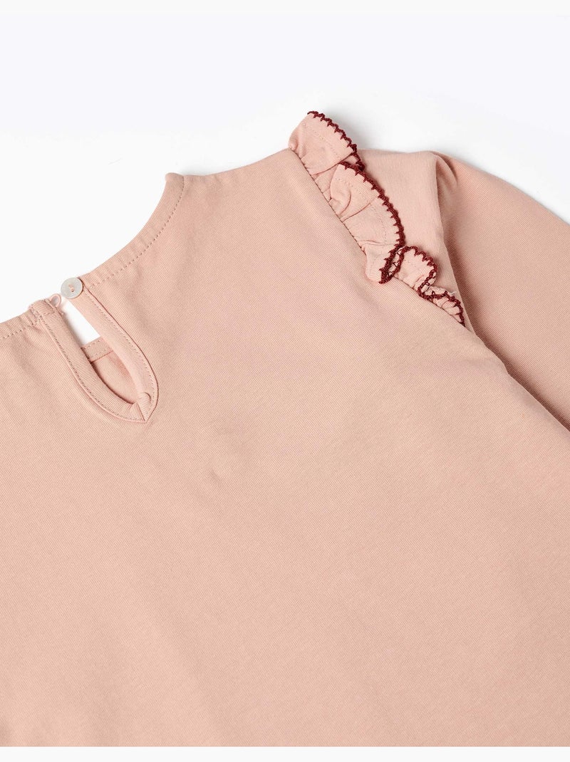 Camiseta de manga larga con volantes y bordado Rosa claro - Kiabi