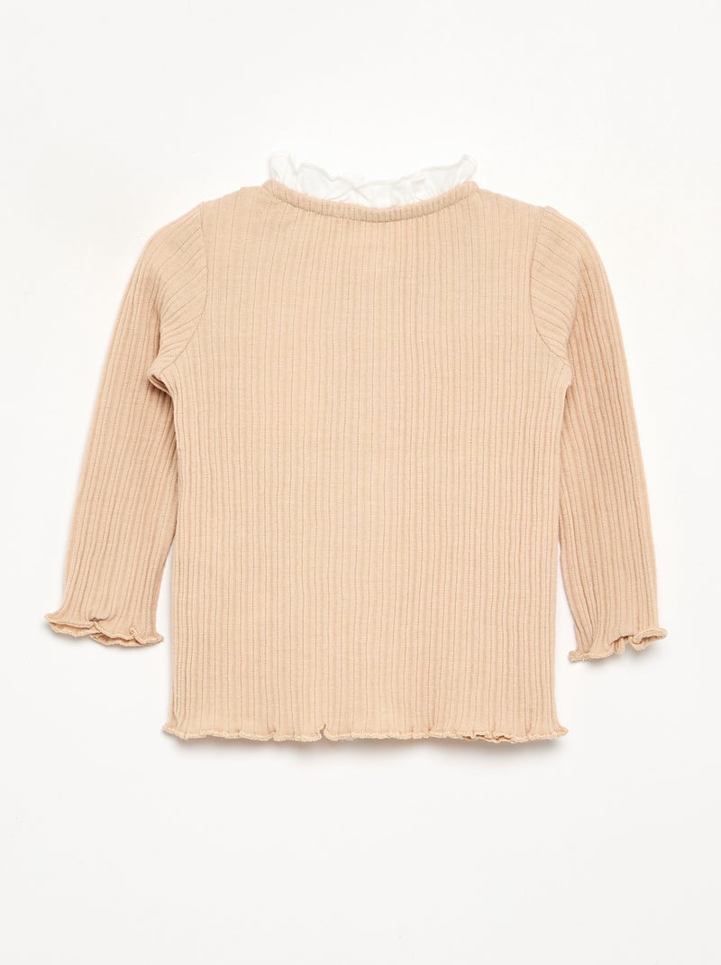 Camiseta de manga larga con volantes y botones a contraste Beige - Kiabi