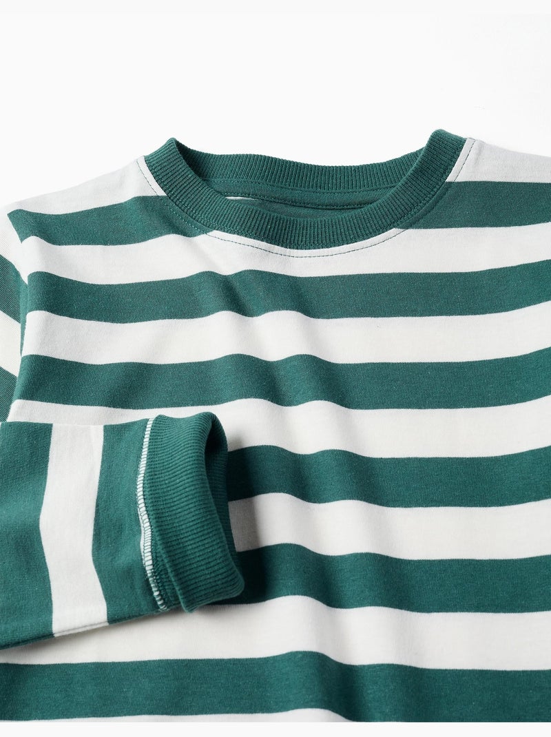 Camiseta de manga larga de algodón a rayas Verde oscuro - Kiabi