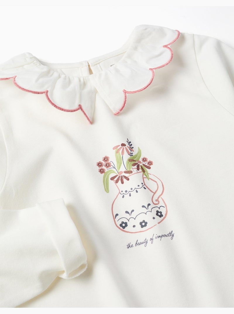 Camiseta de manga larga de algodón con estampado de jarrón de flores Blanco - Kiabi