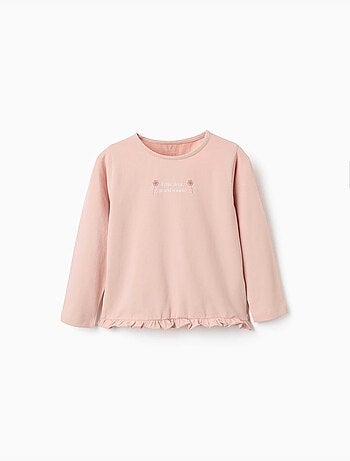 Camiseta de manga larga de algodón con estampado y dobladillo con volantes