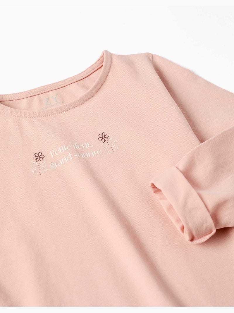 Camiseta de manga larga de algodón con estampado y dobladillo con volantes Rosa claro - Kiabi