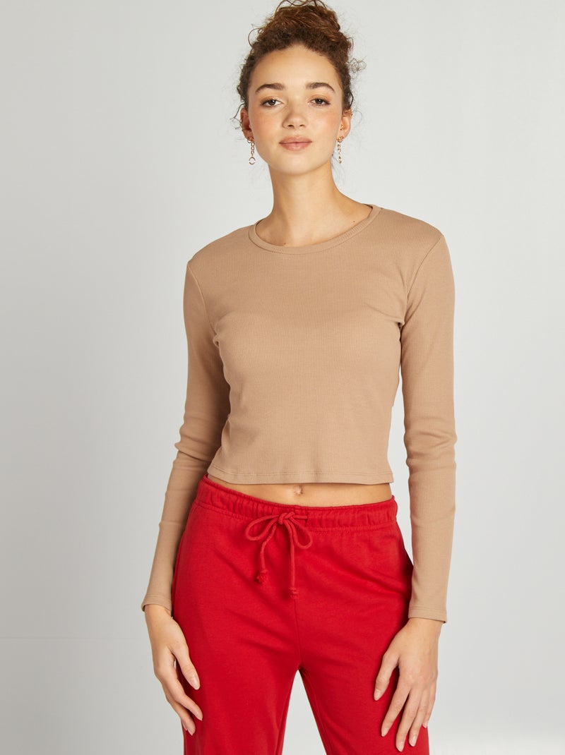 Camiseta de manga larga de canalé BEIGE - Kiabi