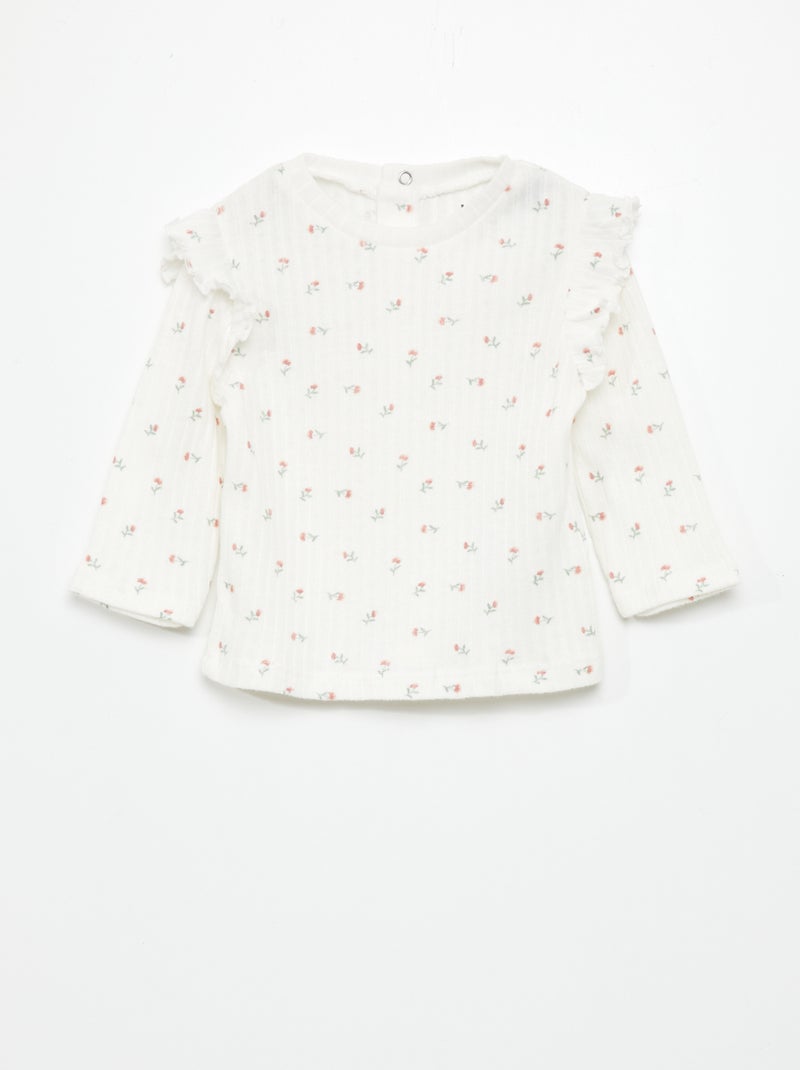 Camiseta de manga larga de canalé con volantes BLANCO - Kiabi