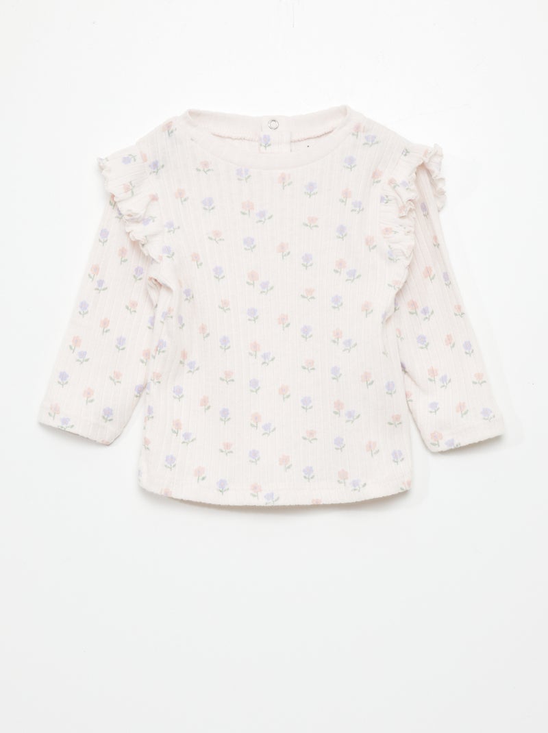 Camiseta de manga larga de canalé con volantes ROSA - Kiabi