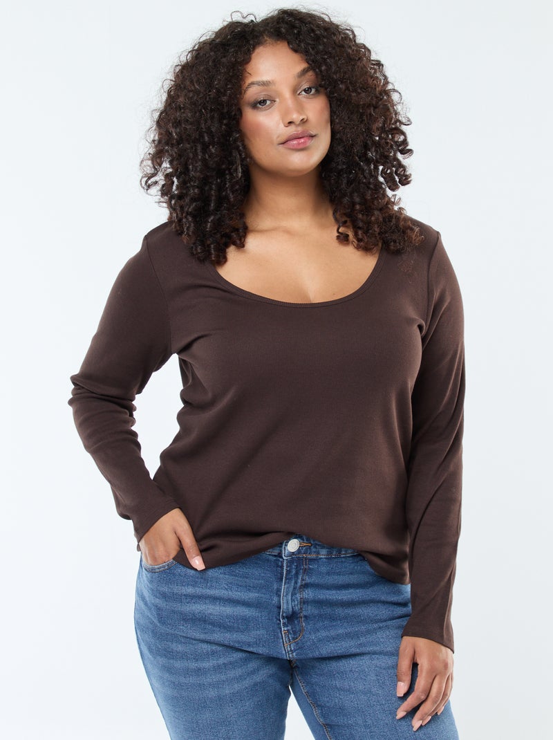 Camiseta de manga larga de canalé Marron - Kiabi