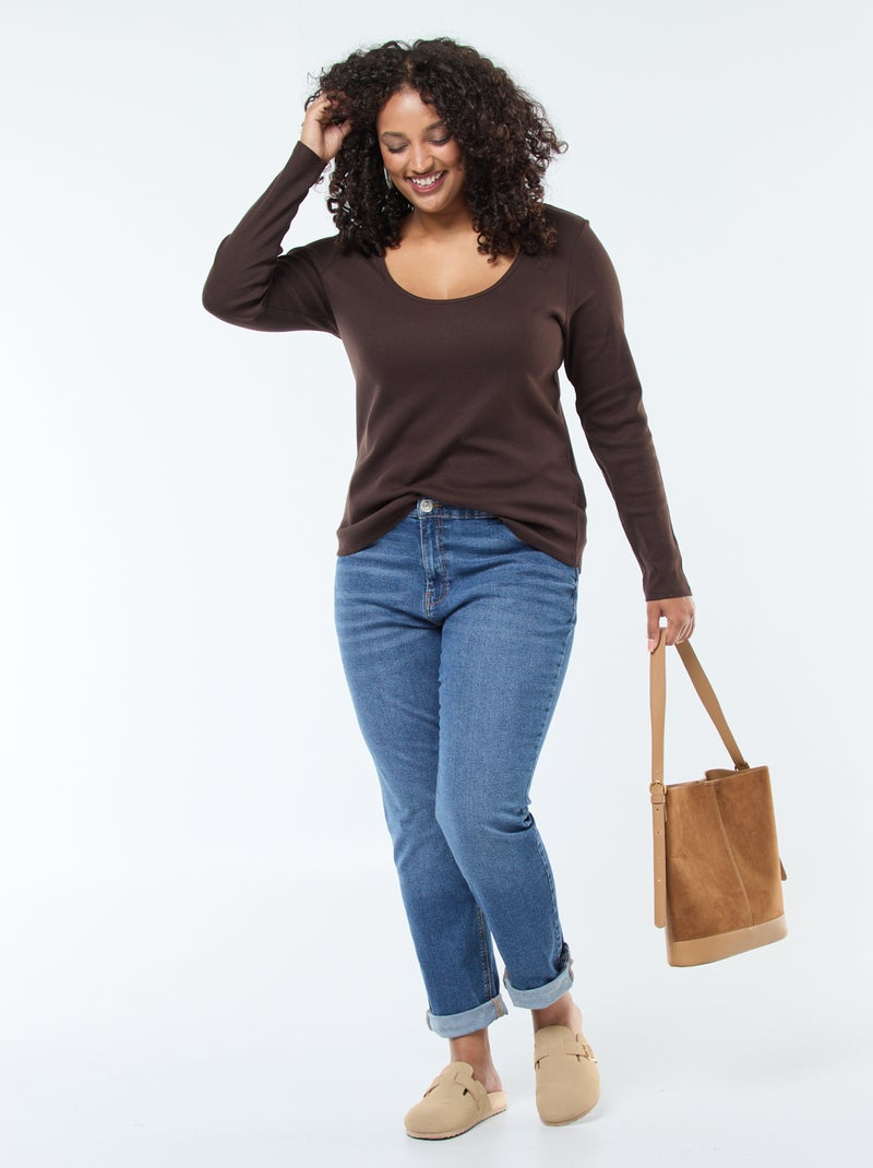 Camiseta de manga larga de canalé Marron - Kiabi