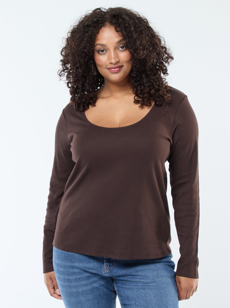 Camiseta de manga larga de canalé Marron - Kiabi