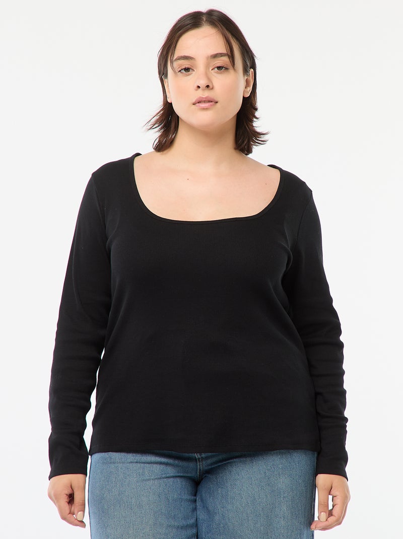 Camiseta de manga larga de canalé negro - Kiabi