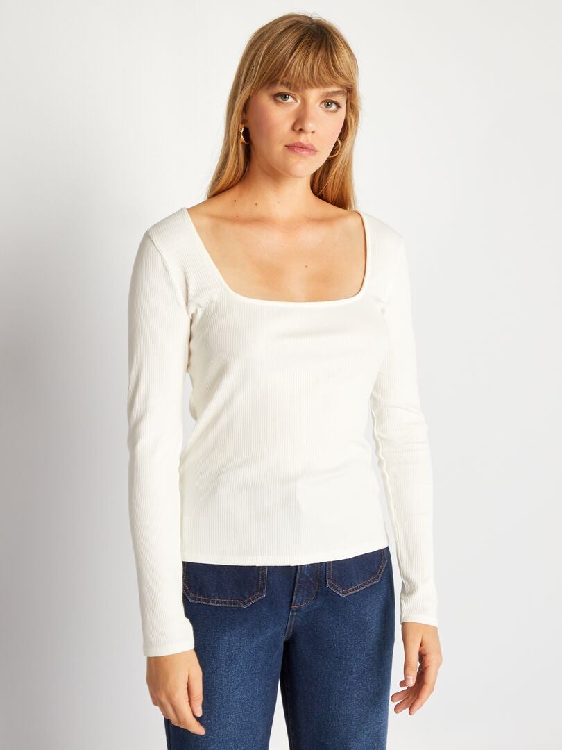 Camiseta de manga larga de punto de canalé Blanco - Kiabi