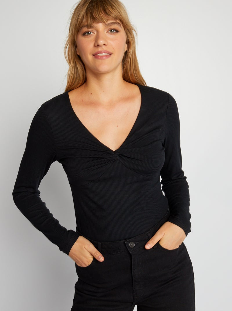 Camiseta de manga larga de punto de canalé negro - Kiabi