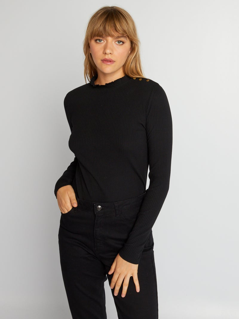 Camiseta de manga larga de punto de canalé negro - Kiabi